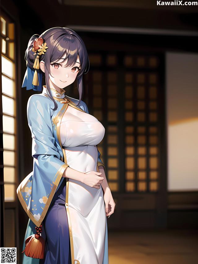 A woman in a blue and white kimono standing in front of a window.