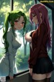 A couple of anime girls standing next to each other near a window.