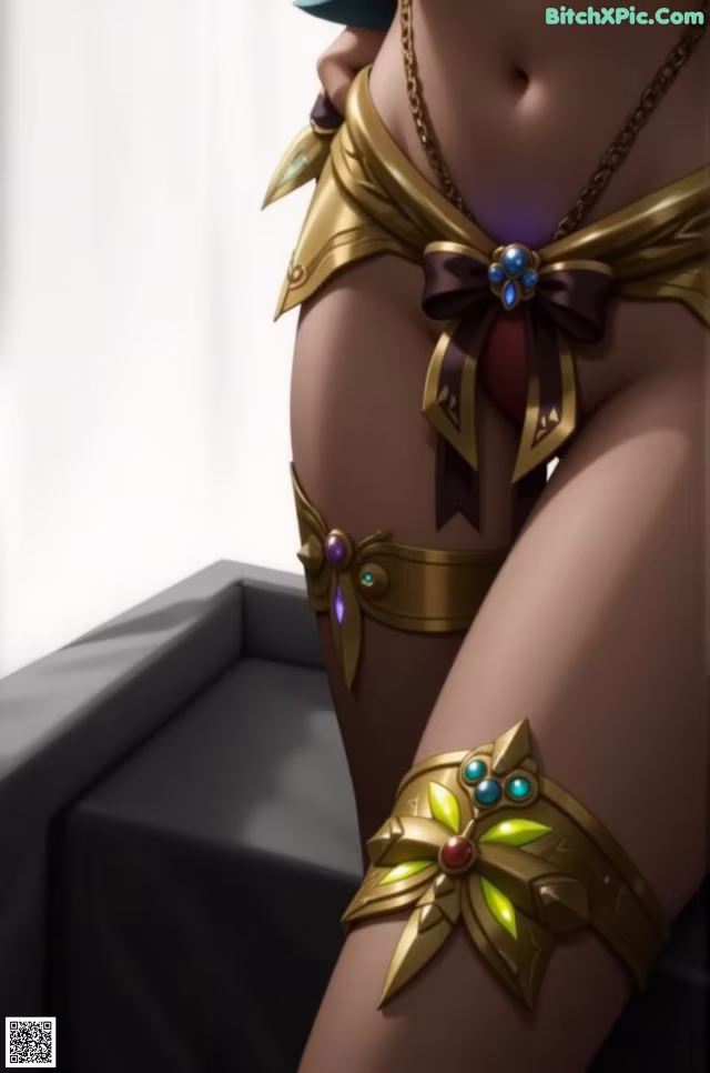 A woman in a bikini with a necklace and garter belt.