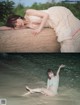 A woman laying on a log in the water.