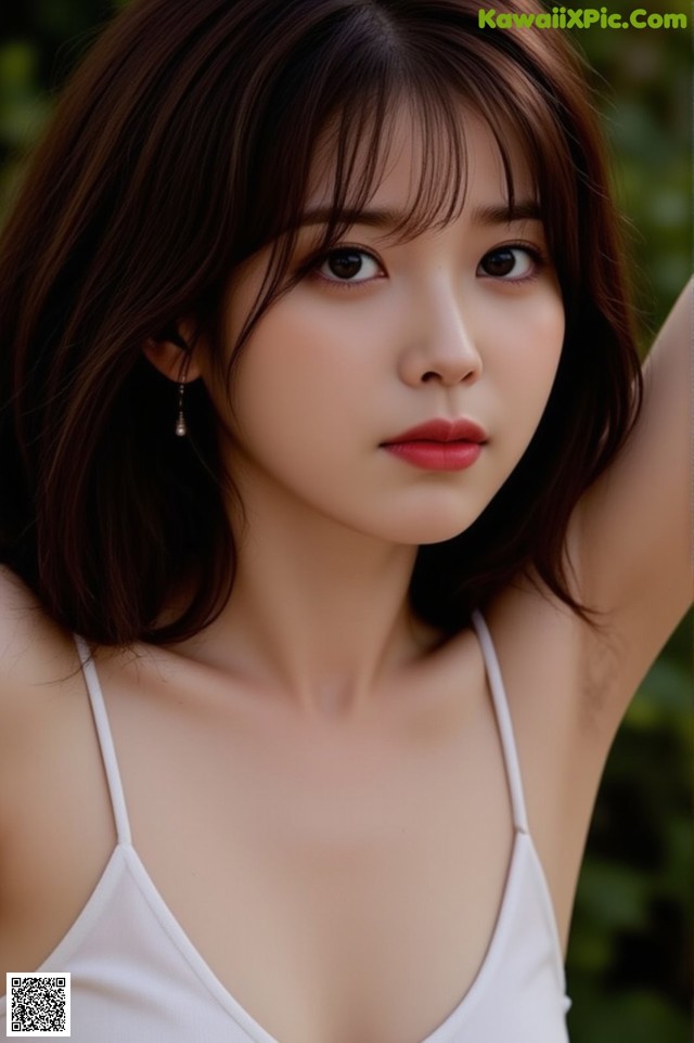 A woman in a white tank top posing for a picture.