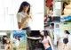 A collage of photos of a woman in a white shirt and blue skirt.