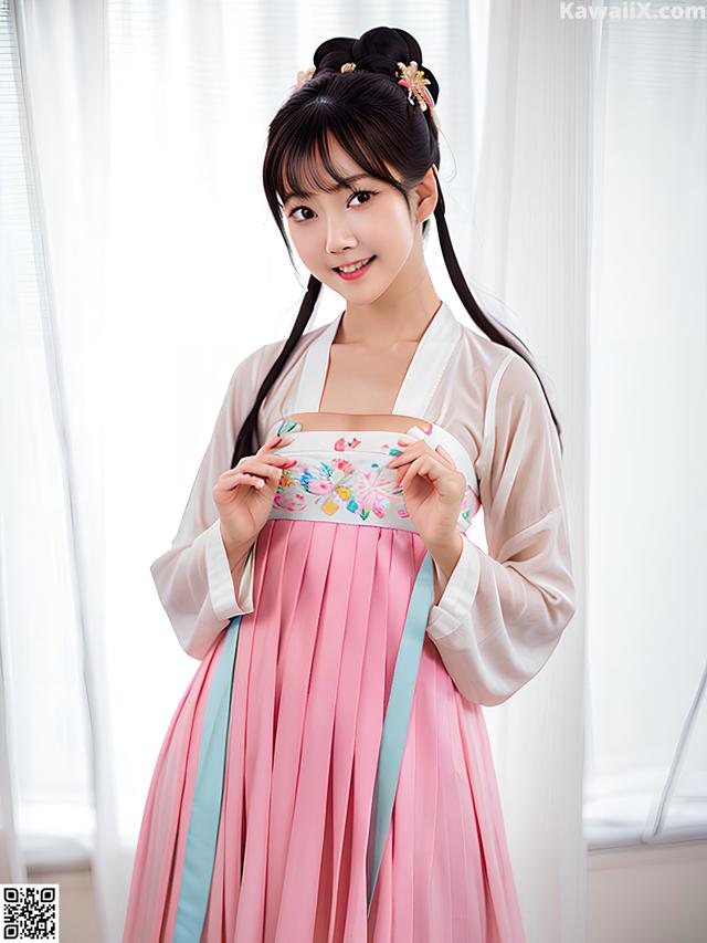 A woman in a pink and blue hanbok posing for a picture.