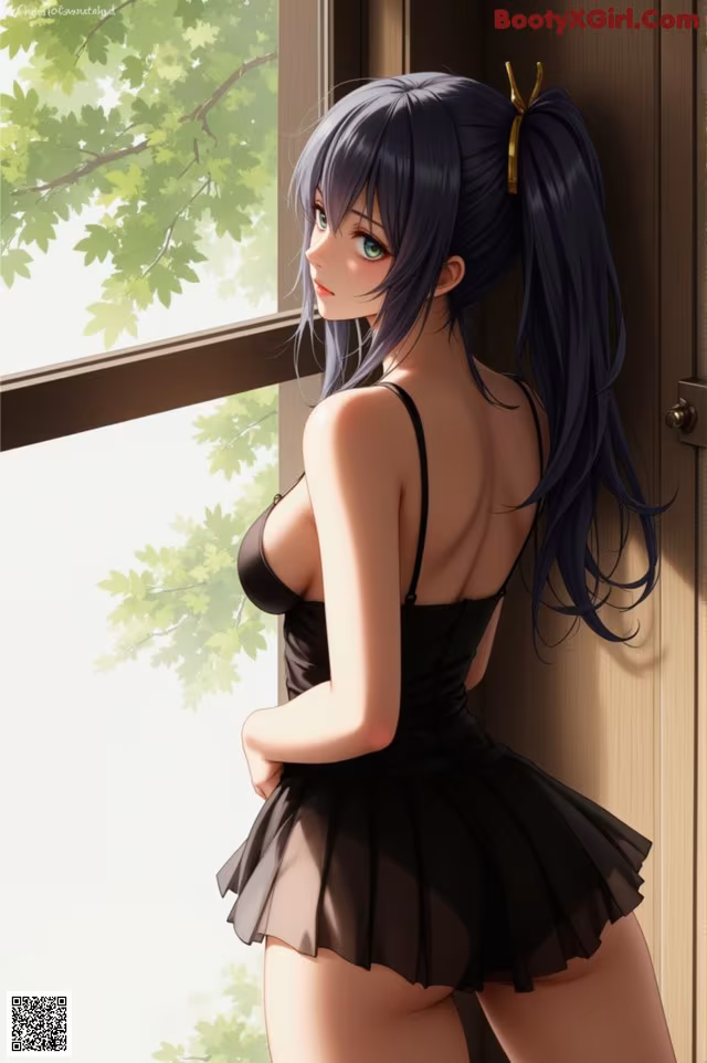 A woman in a black dress standing by a window.