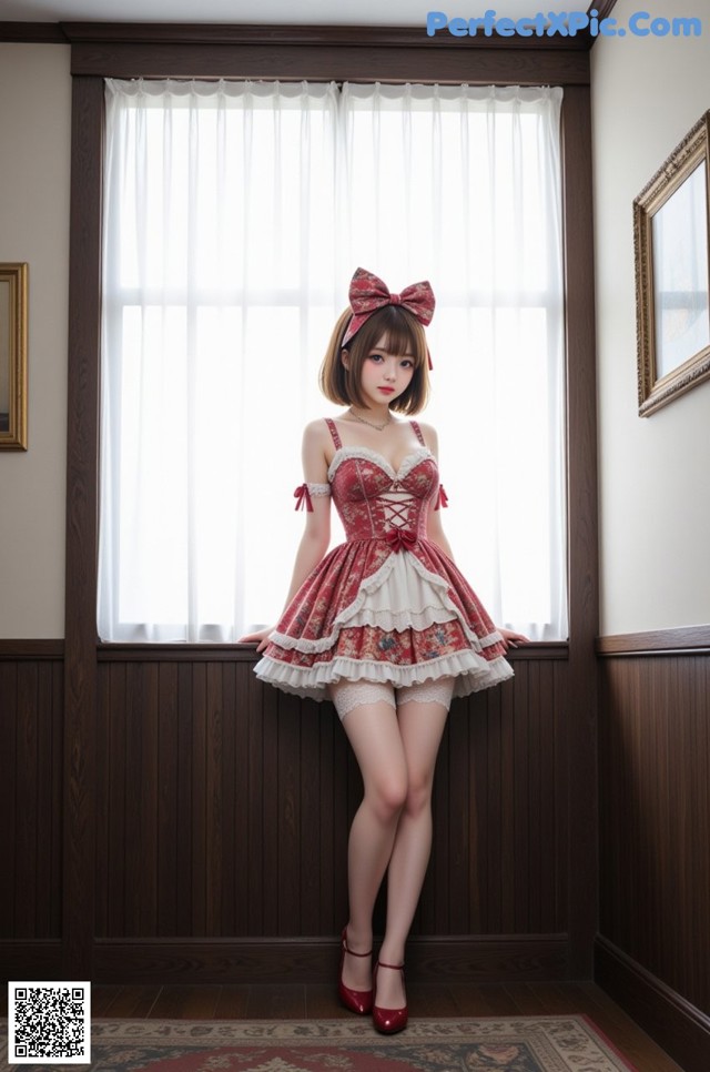 A woman in a red and white dress posing in front of a window.